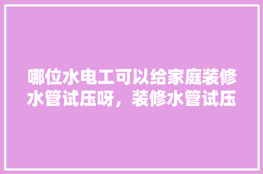 哪位水电工可以给家庭装修水管试压呀，装修水管试压要准备什么材料。 哪位水电工可以给家庭装修水管试压呀，装修水管试压要准备什么材料。 买房须知